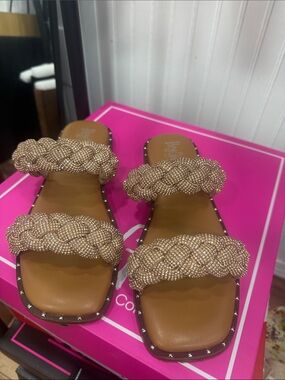 Corkys Braided Crystal-Embellished Tan Slide Sandals